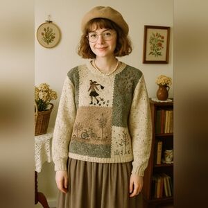 Vintage TanJay Embroidered Patchwork Knit Sweater Size M Unique